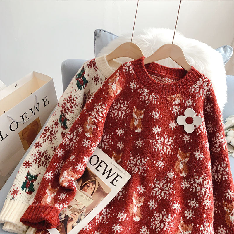 Vintage Red Christmas jacquard knitted sweater  5125