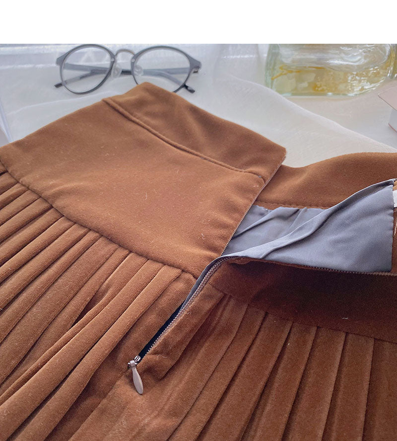 Golden velvet skirt, small design, decorative high waist A-line skirt  5334
