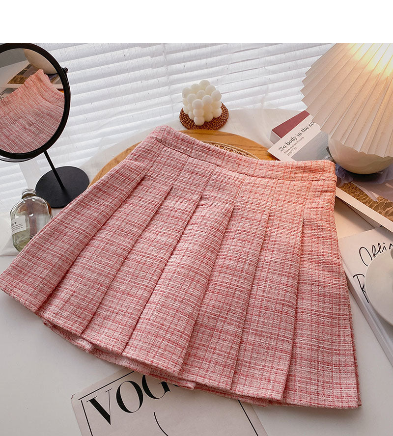 Small fragrance pleated skirt thin high waist tweed A-shaped plaid skirt  5291