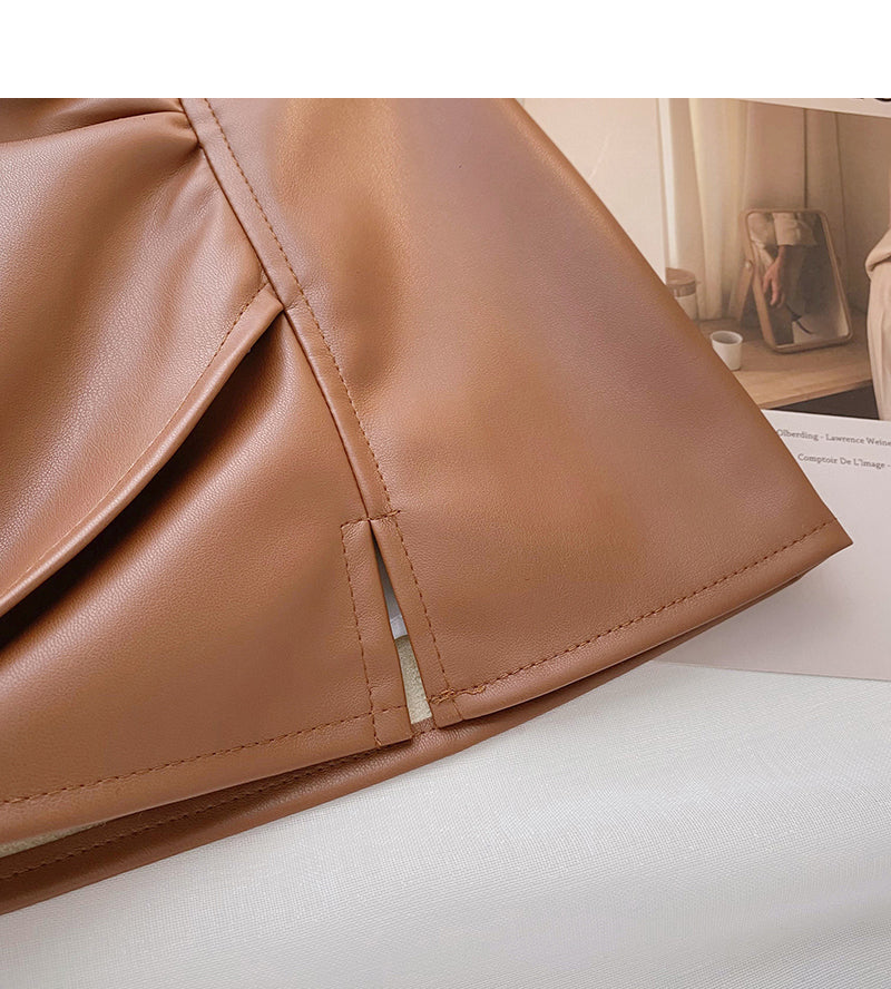 High waist pleated design, irregular, slim, hip wrapped leather skirt  5323