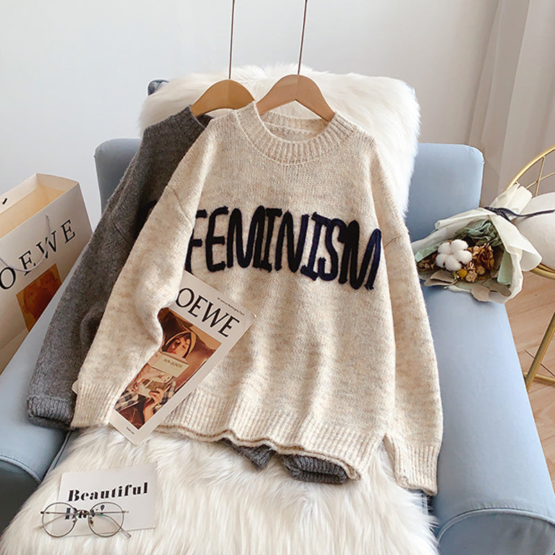 Lazy wind round neck letter sweater sweater sweater top  5221