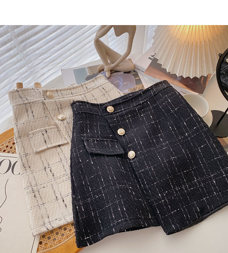 Korean irregular design waist A-shaped thin plaid skirt  5322