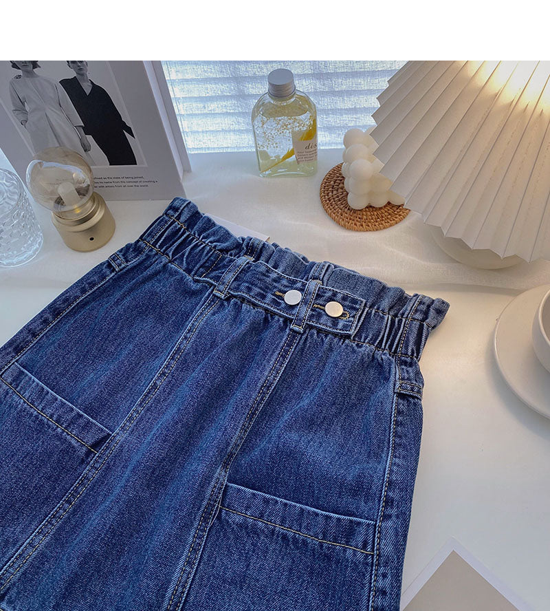 Versatile slim elastic waist denim Vintage A-line skirt  5340