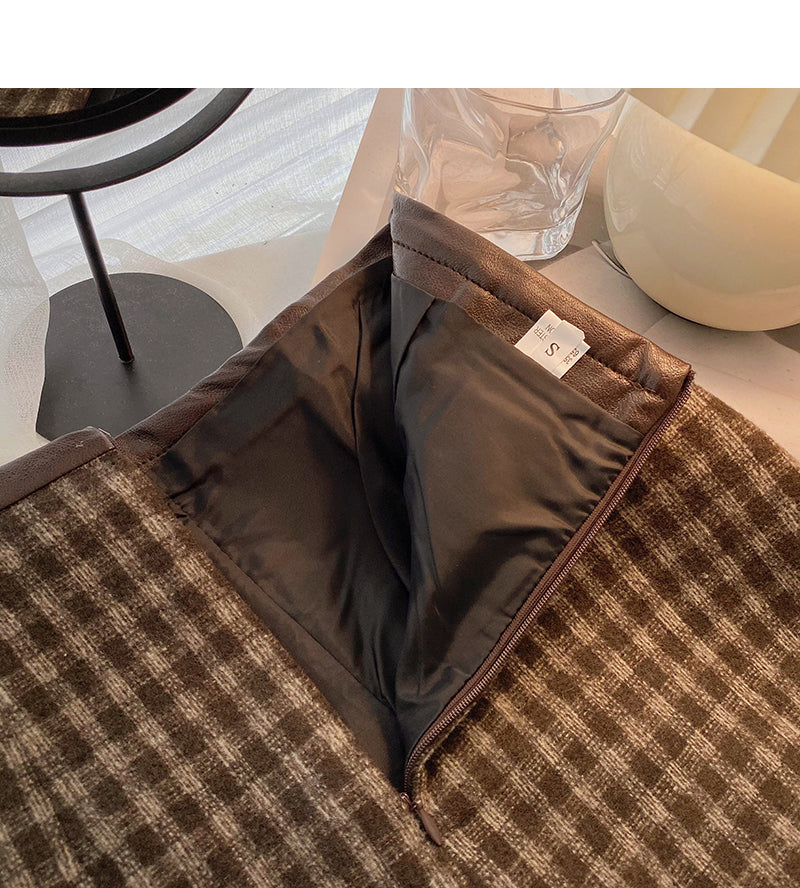 High waist wrap buttock woolen skirt shows thin Plaid A-line skirt  5347