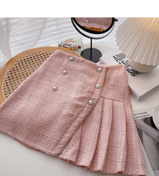 Korean version irregular pearl buckle high waist retro temperament thin  5302