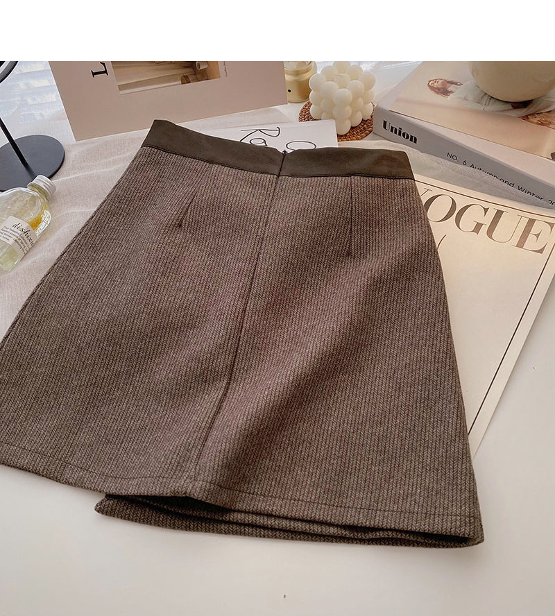 New Korean casual retro design button high waist color blocking a-word skirt  5333