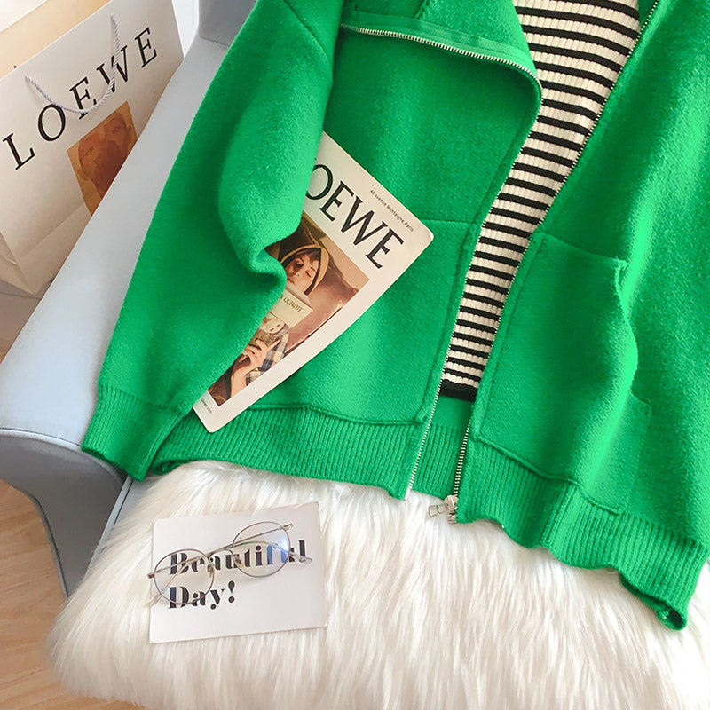 Design inclined zipper hooded sweater women's coat  5220