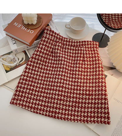 Retro Hong Kong flavor thousand bird lattice thin short skirt women's wear  5297