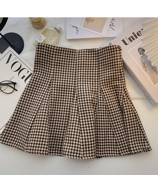 Design sense of niche Hong Kong style high waist thousand bird check skirt  5299