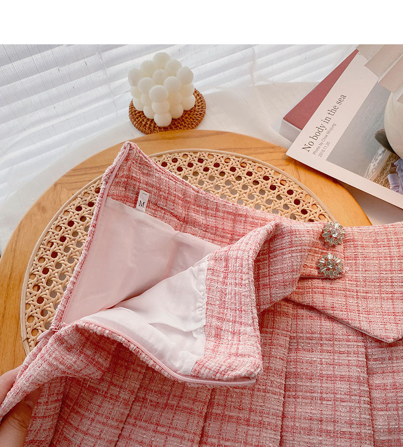 Small fragrance pleated skirt thin high waist tweed A-shaped plaid skirt  5291