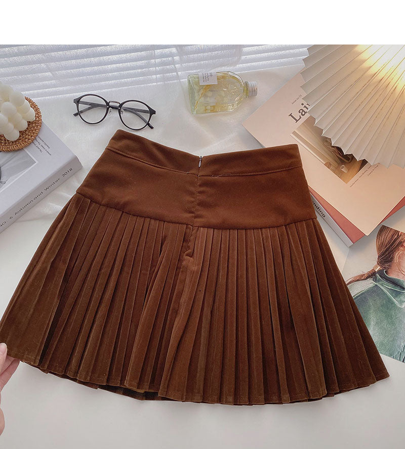 Golden velvet skirt, small design, decorative high waist A-line skirt  5334