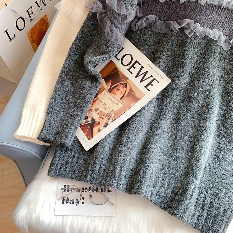 Temperament lace stitched crew neck sweater  5258