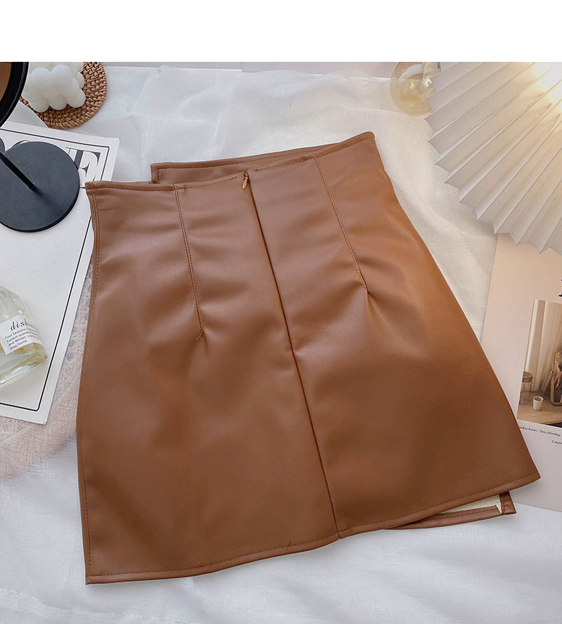 High waist pleated design, irregular, slim, hip wrapped leather skirt  5323