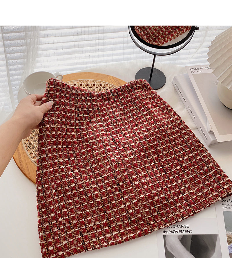Vintage Plaid tweed skirt temperament high waist A-line skirt  5274