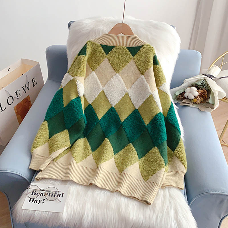 Lazy wind Lingge V-Neck Sweater Korean sweater  5128