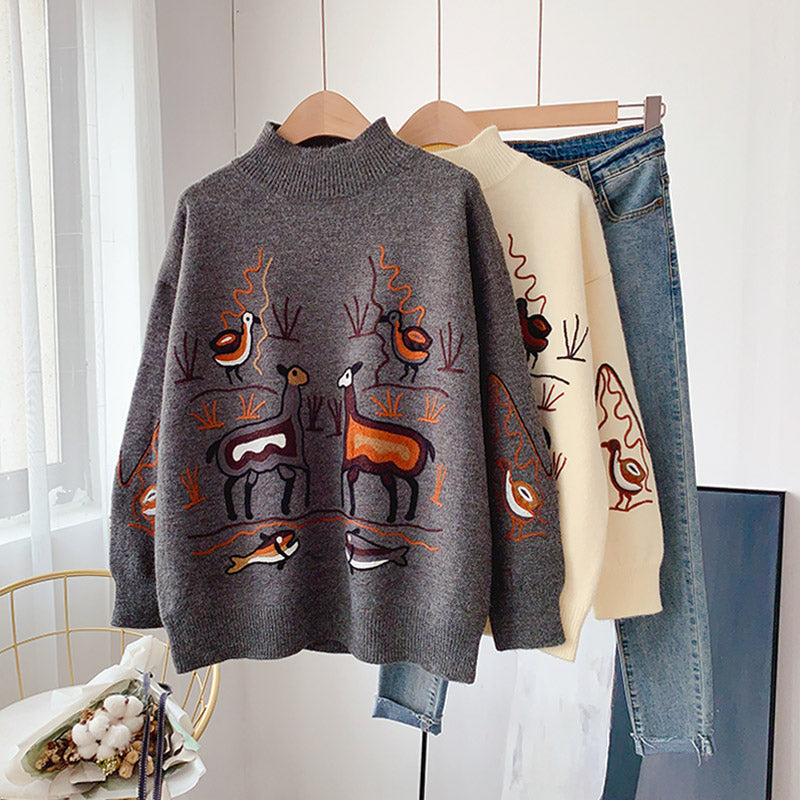 Heavy industry embroidery sweater retro Hong Kong Style half high collar  5160