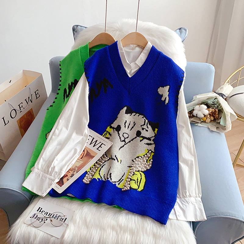 Heavy industry nail bead V-neck knitted vest vest coat  5255