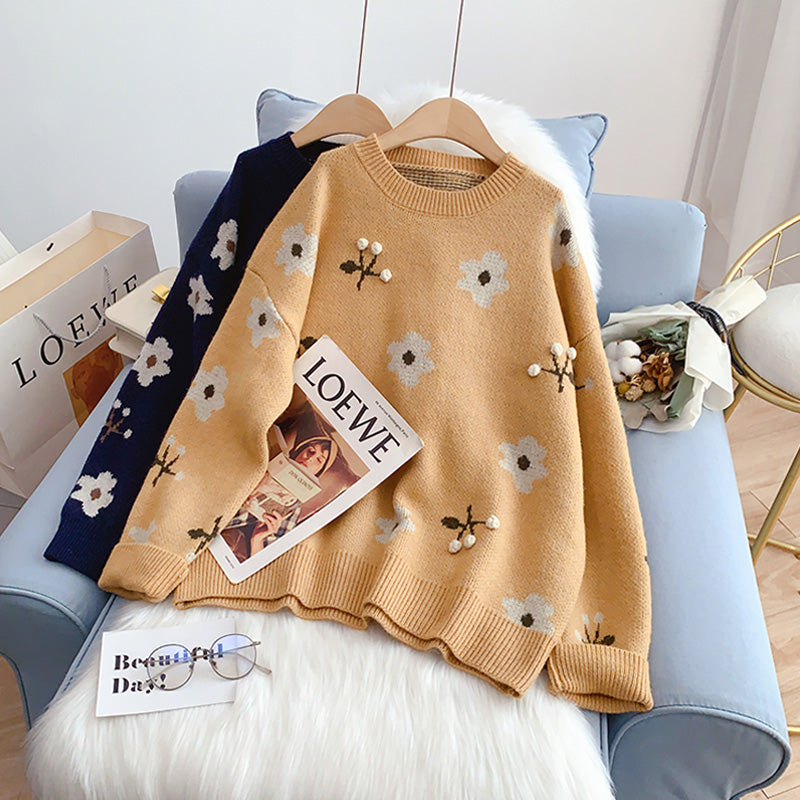 Vintage-Blumen-Pullover Rundhals-Jacquard-Pullover 5207