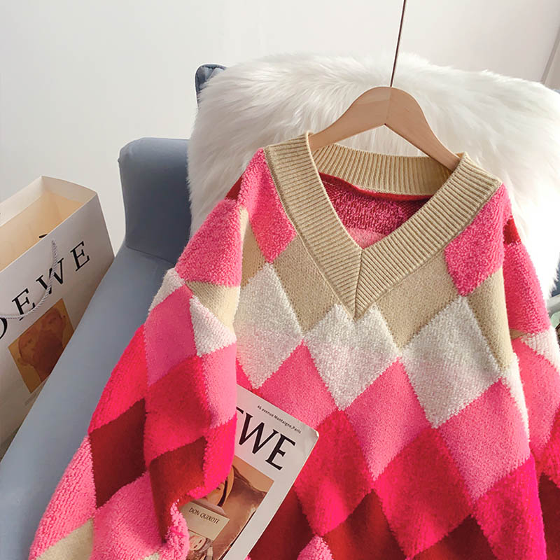 Lazy wind Lingge V-Neck Sweater Korean sweater  5128