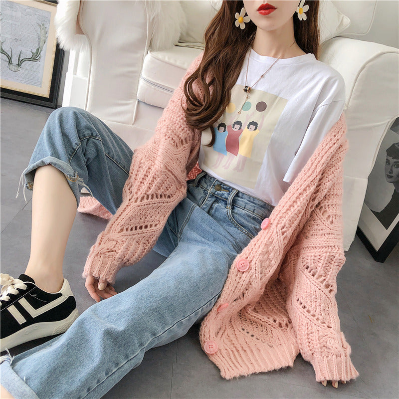 Medium length lazy wind thick sweater cardigan women 5266