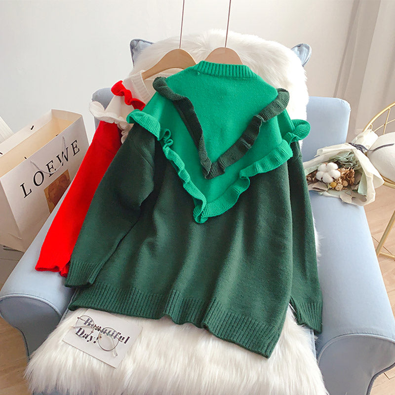 Ruffled V-Neck Sweater aging Knitted Top  5251