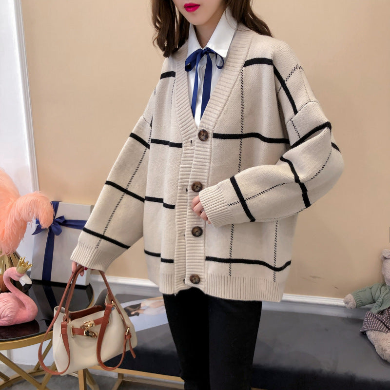 Harajuku sweater cardigan Plaid knitted jacket  5268