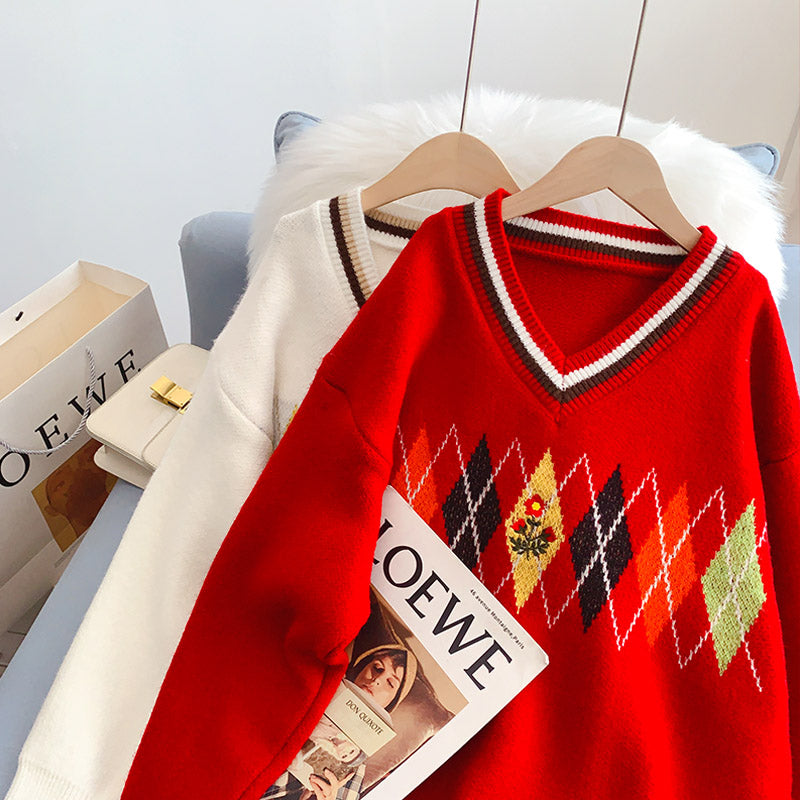 Ling Ge retro V-Neck Sweater sweater sweater top  5201