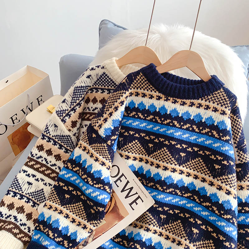 Vintage jacquard sweater loose lazy top  5135
