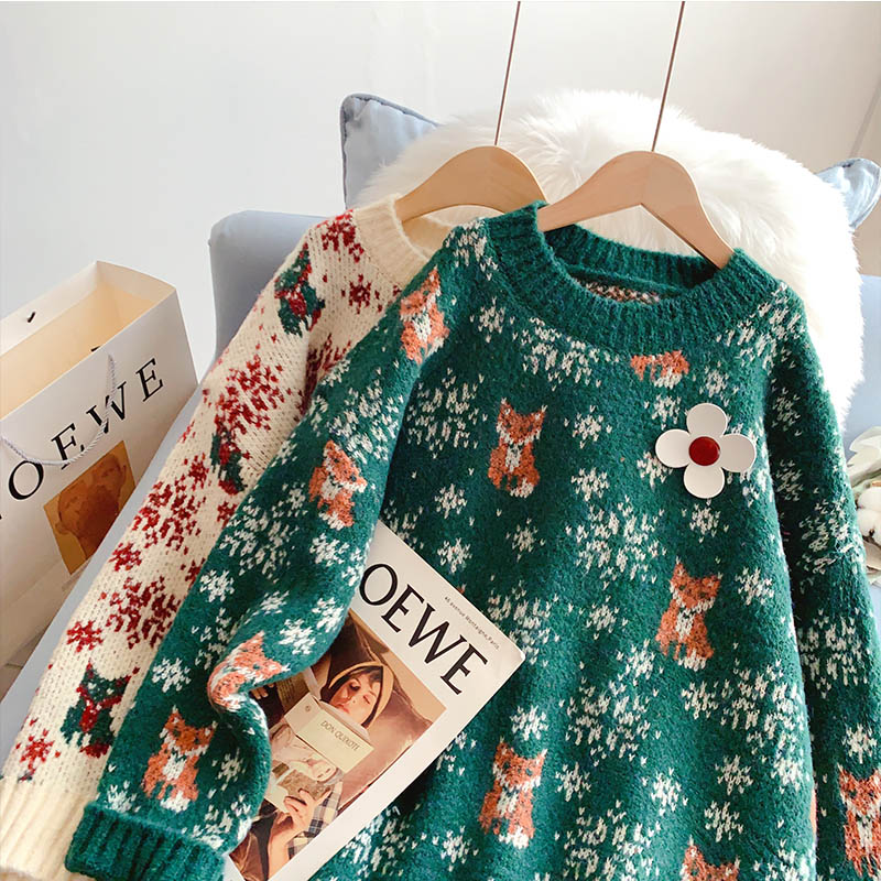 Vintage Red Christmas jacquard knitted sweater  5125