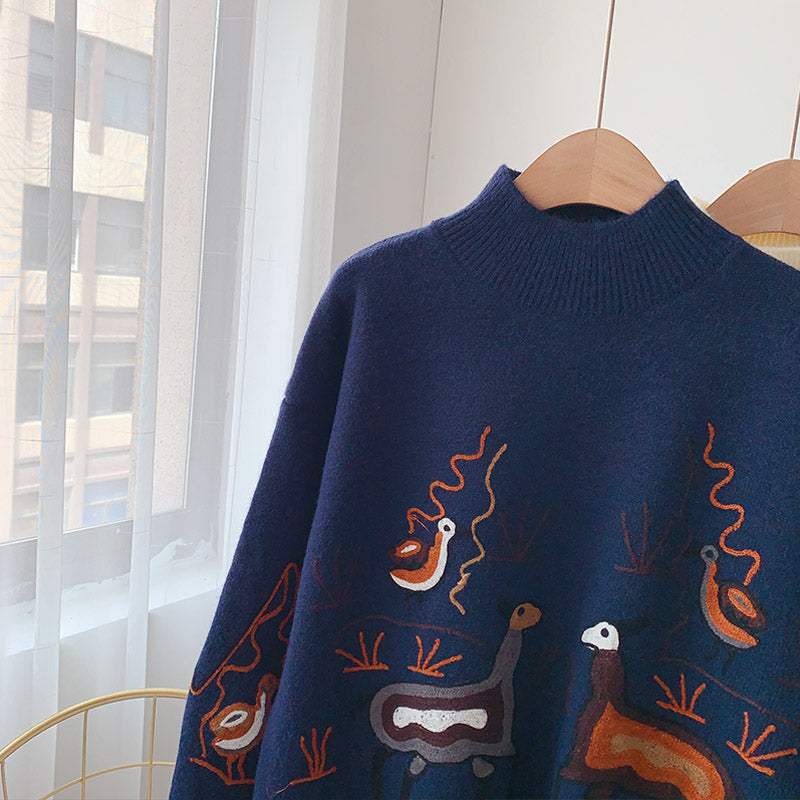 Heavy industry embroidery sweater retro Hong Kong Style half high collar  5160