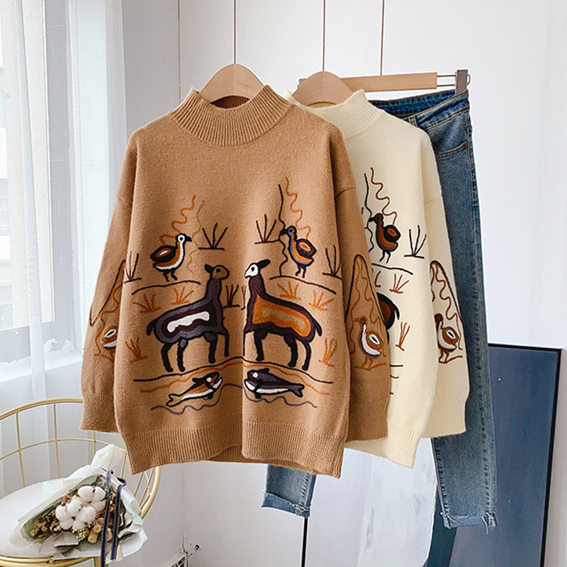 Heavy industry embroidery sweater retro Hong Kong Style half high collar  5160