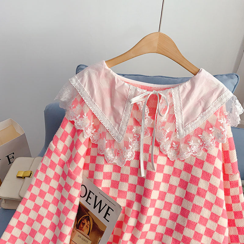 Plaid doll neck sweater loose lazy Pullover Sweater  5085