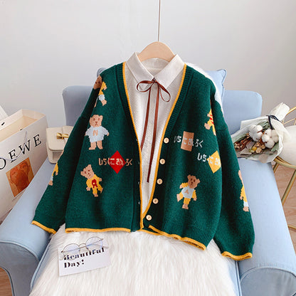 Little bear sweater cardigan V-neck knitted jacket  5064