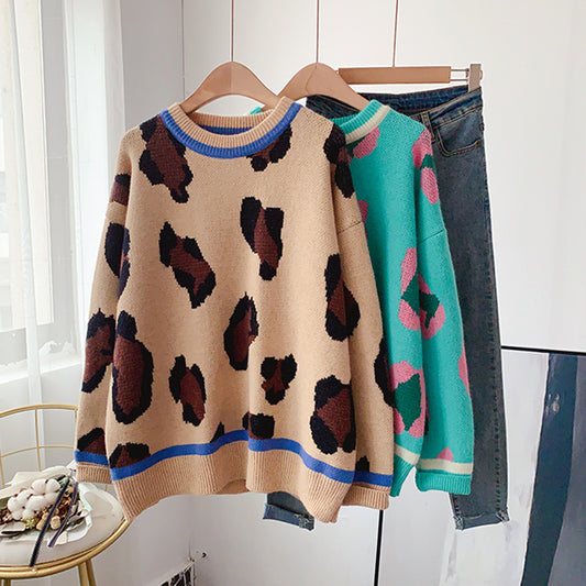 Leopard sweater women's fashion loose Pullover Sweater  5086