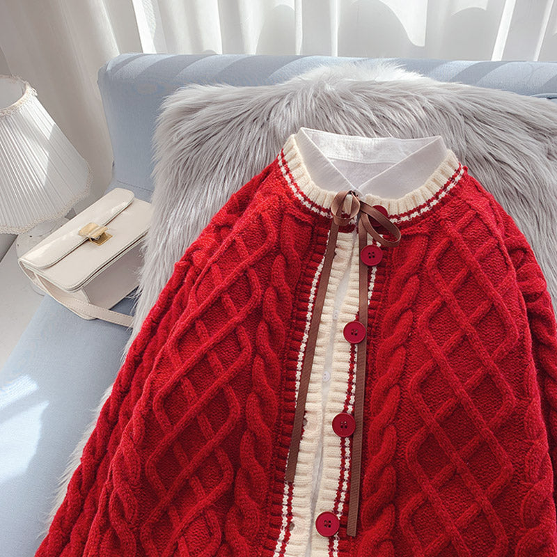 Vintage Red twist sweater Korean knitted jacket  5021