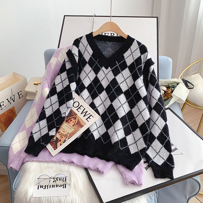 Karierter Pullover aus süßem Lazy Wind-Nerzsamtimitat 5006