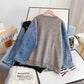 Design sense denim stitched sweater fake two women's Retro port flavor  5050