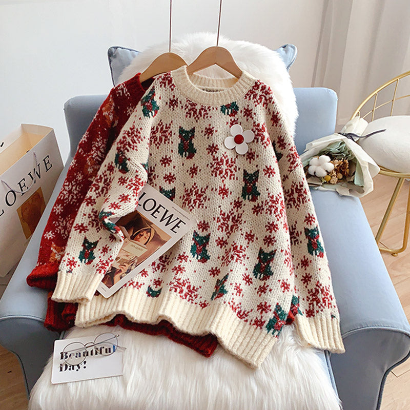 Vintage Red Christmas jacquard knitted sweater  4956