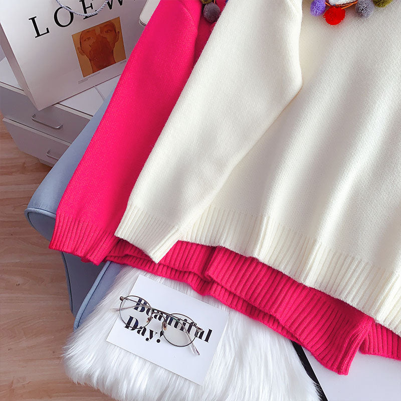 Large lapel color ball sweater aging sweater top  4951