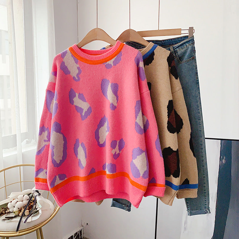 Leopard sweater women's fashion loose Pullover Sweater  5086