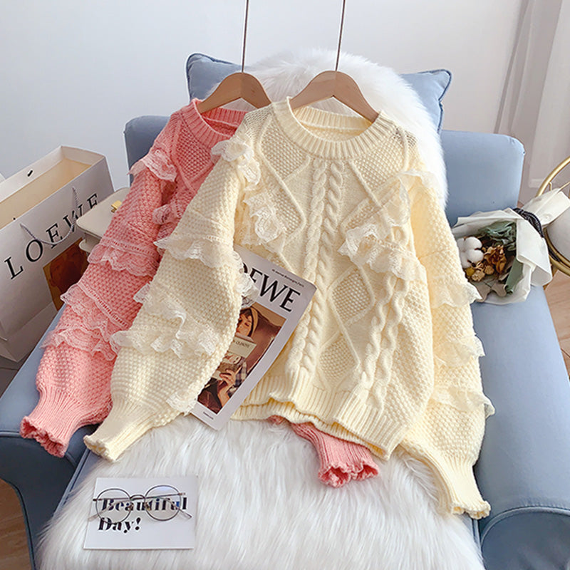 Lace stitching lace design sense niche sweater  5023