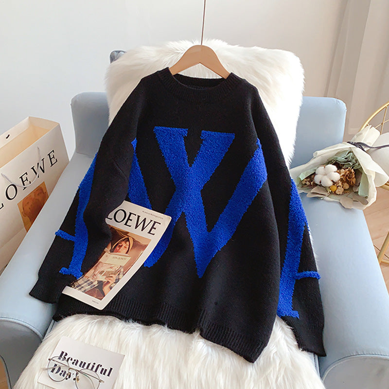 Lazy letter three-dimensional flocking jacquard sweater  5043