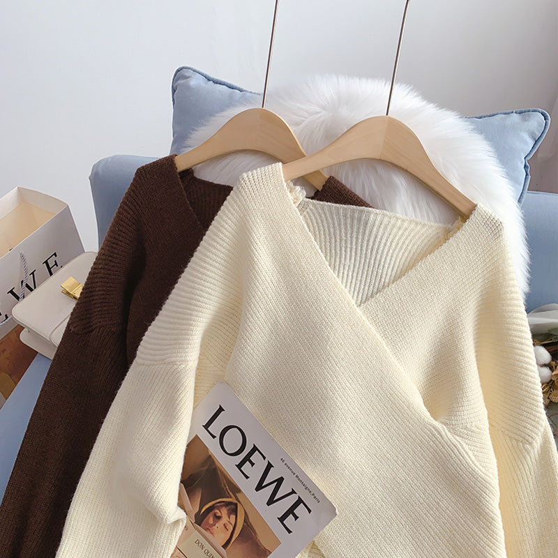 Korean V-Neck Sweater Vintage loose lazy top  4971