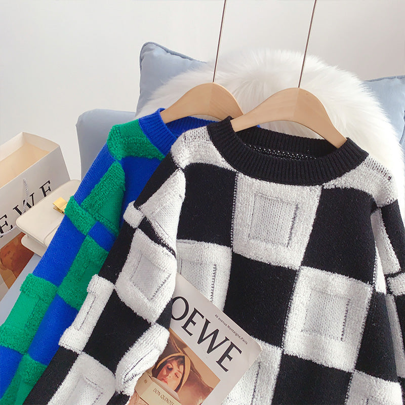 Lazy wind contrast plaid sweater  5063