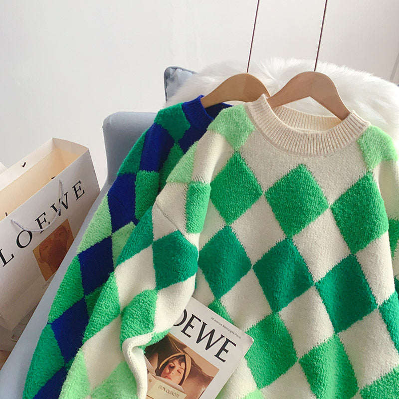 Japanese lazy flocked rhomboid sweater  4994