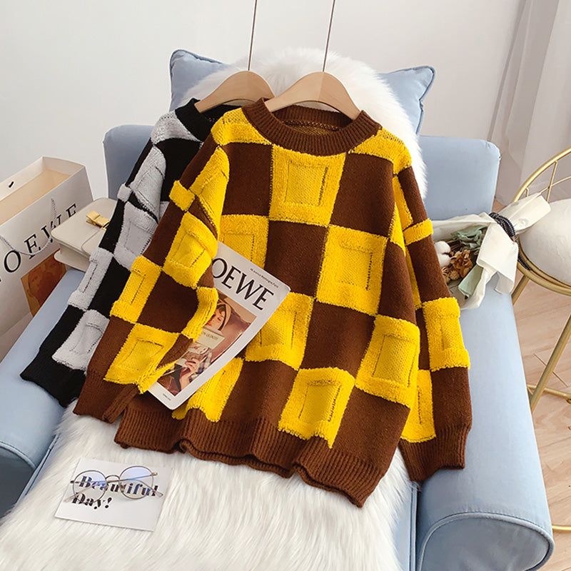Lazy wind contrast plaid sweater  5063