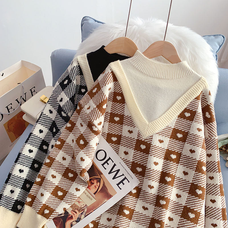 Half turtleneck sweater design fake two-piece sweater top  4964