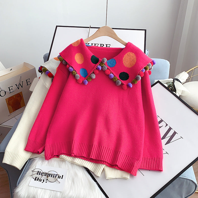 Large lapel color ball sweater aging sweater top  4951