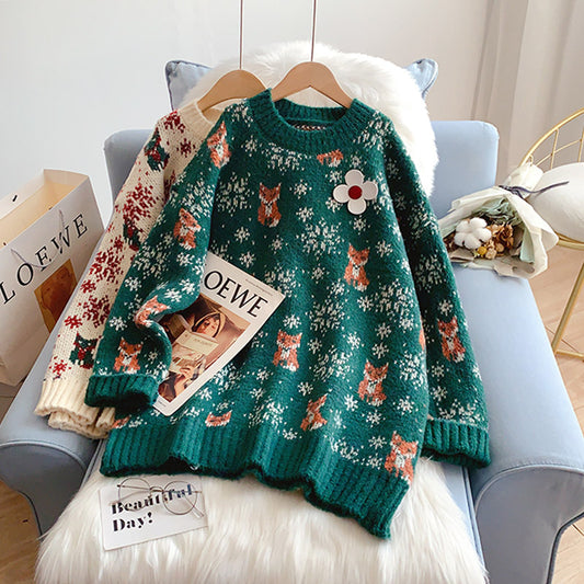 Vintage Red Christmas jacquard knitted sweater  4956