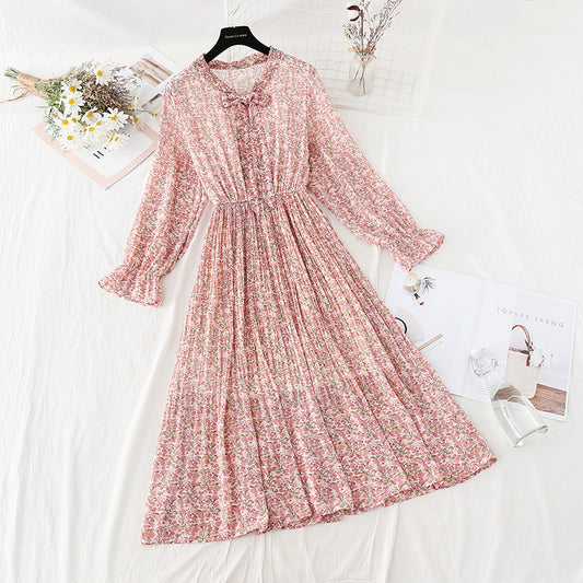 Neues Chiffon-Faltenrock mit elastischer Taille, dünnes, altersreduzierendes Blumenkleid 4807